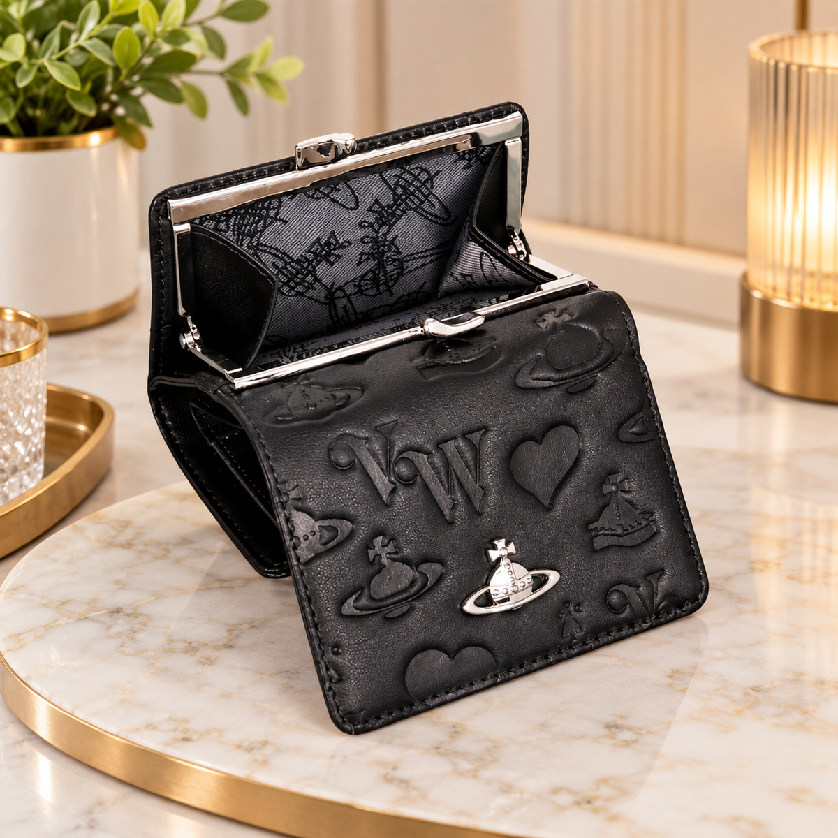 Vivienne Westwood Tri-fold Wallet Black Enamel Orb Outlet from Japan RARE