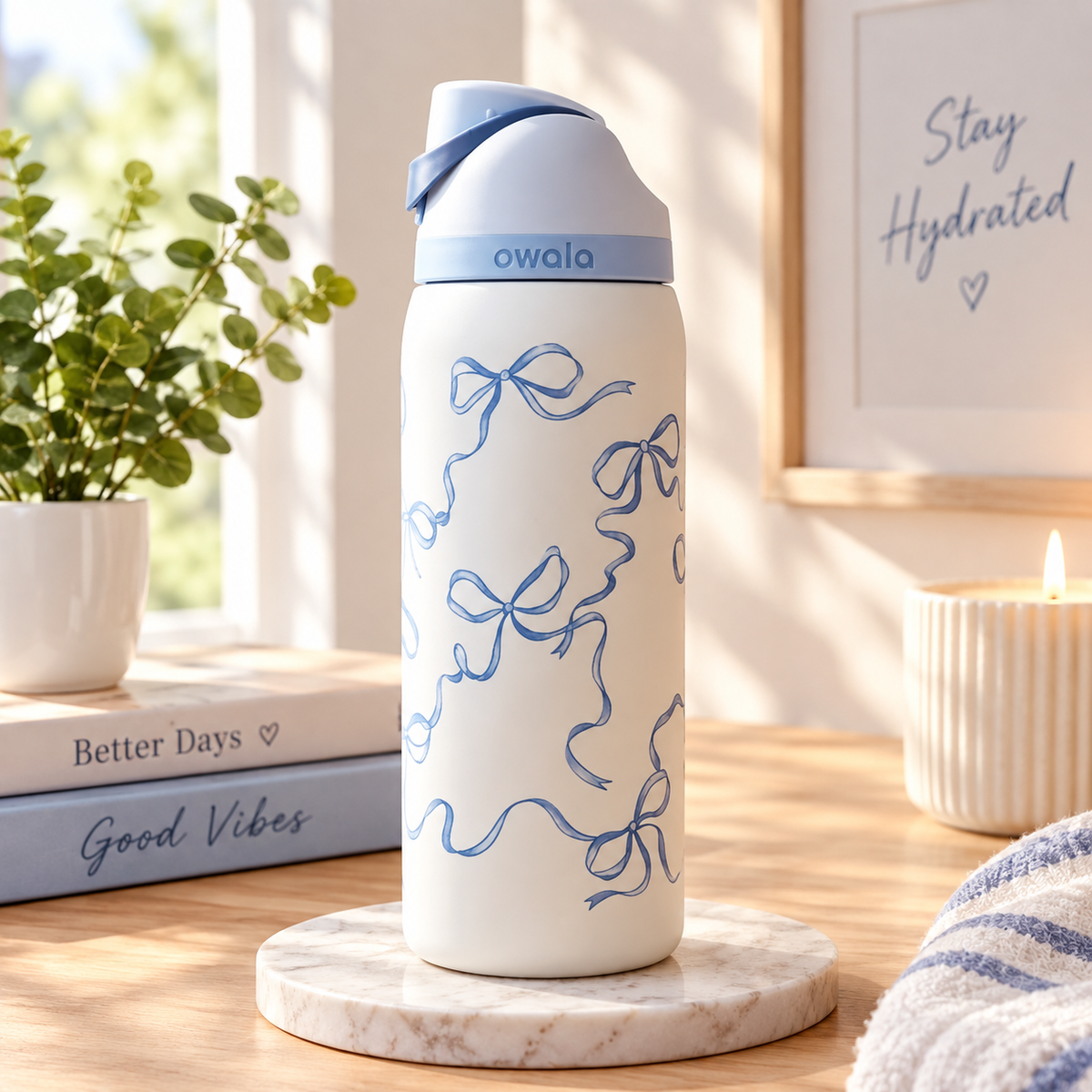 32oz Owala Water Bottle, Engraved Blue Bow Design, Personalized Tumbler