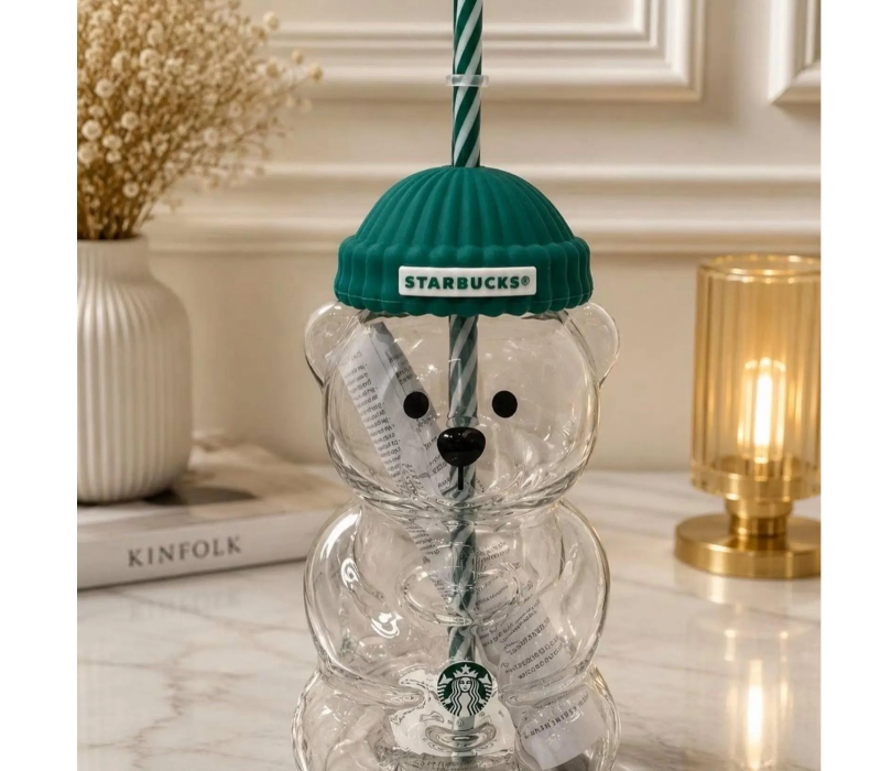 Starbucks Bear Bearista Cup with Straw, Cute Bear Iced Coffee Cup, Reusable Cold Drink Cup,