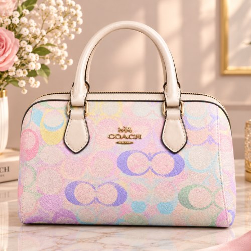 Coach Pastel Signature Bowling Bag – Multicolor Pink & Gold Luxury Handbag