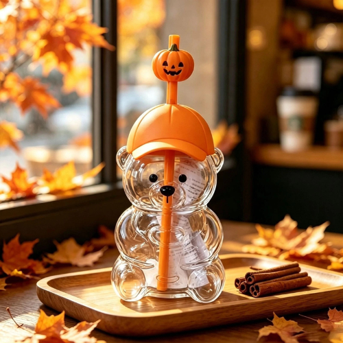 Starbucks Halloween Bearista Bear 20oz Glass Tumbler Pumpkin Topper