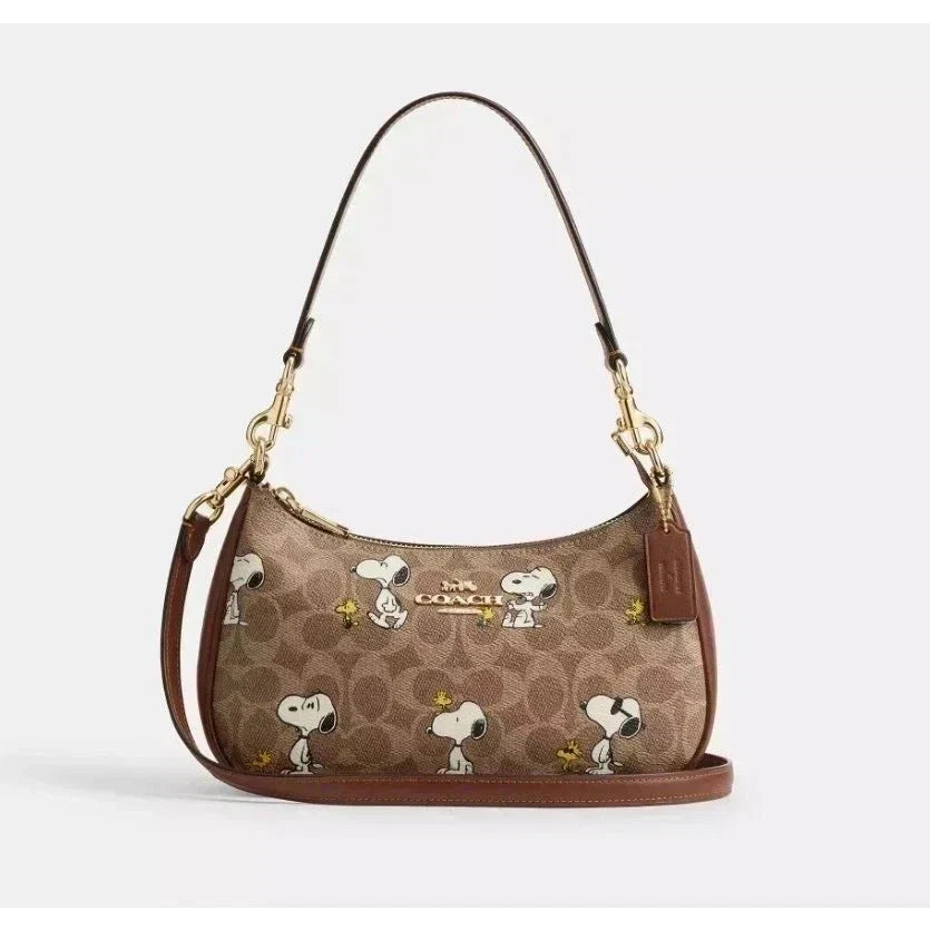 Coach Teri Shoulder Bag in Signature Canvas – Gold/Tan/Brown Women's Designer Handbag