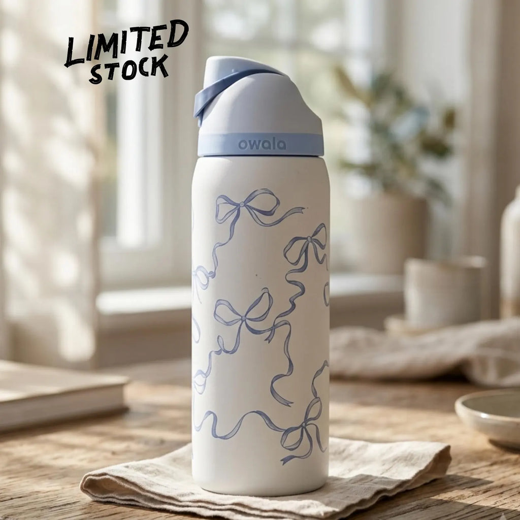 32oz Owala Water Bottle, Engraved Blue Bow Design, Personalized Tumbler