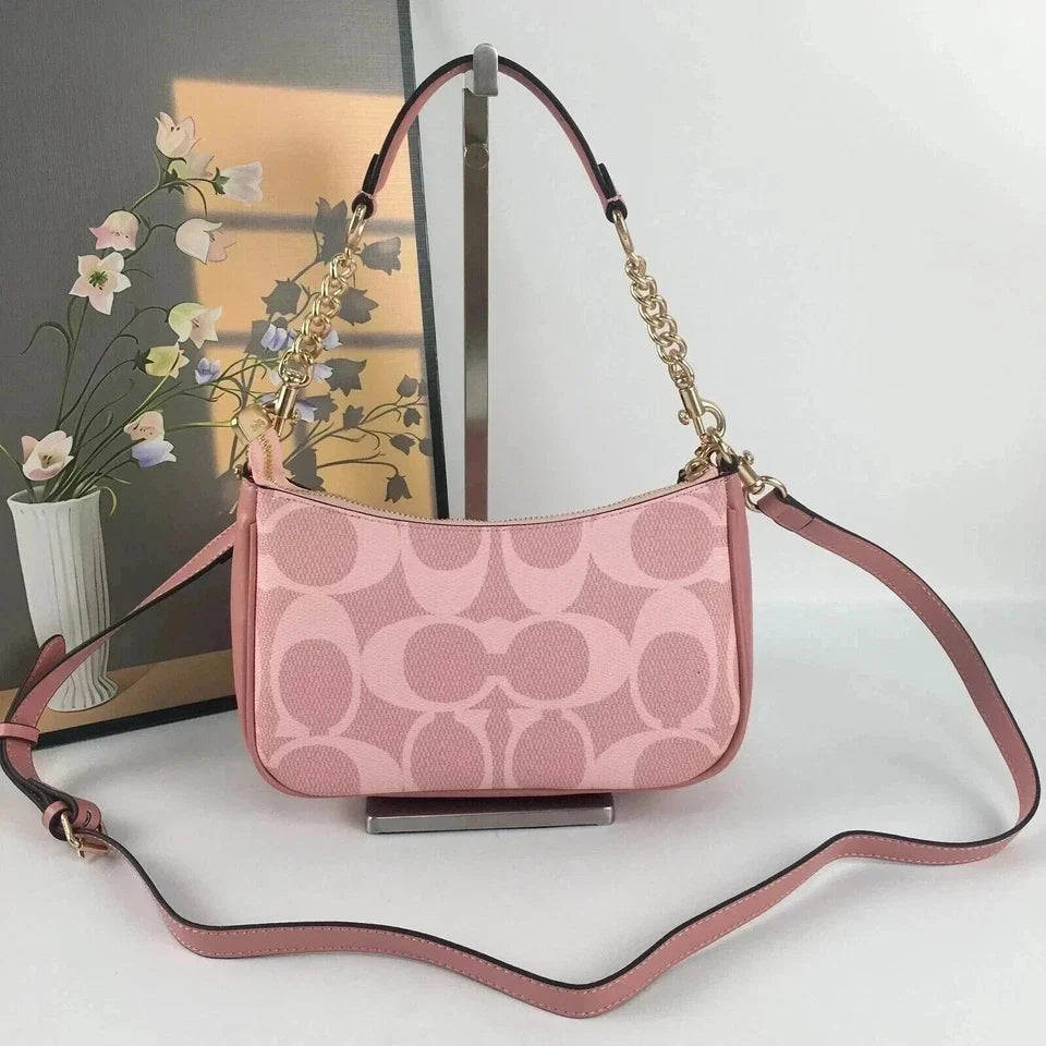 Coach Teri Shoulder Bag in Signature Canvas – Gold & Powder Pink Women's Handbag