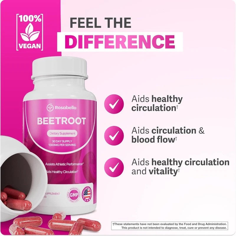Rosabella Organic Beet Root Capsules for Circulation and Vitality Support 60ct