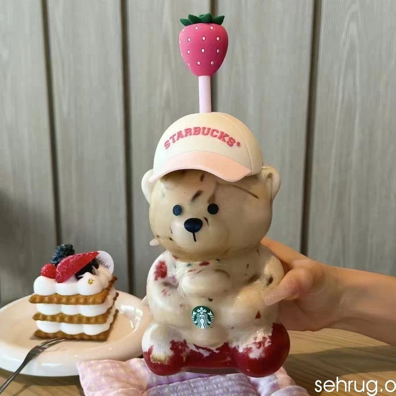Starbucks Bearista Bear Cup Tumblers With Strawberry Topper Baseball Cap
