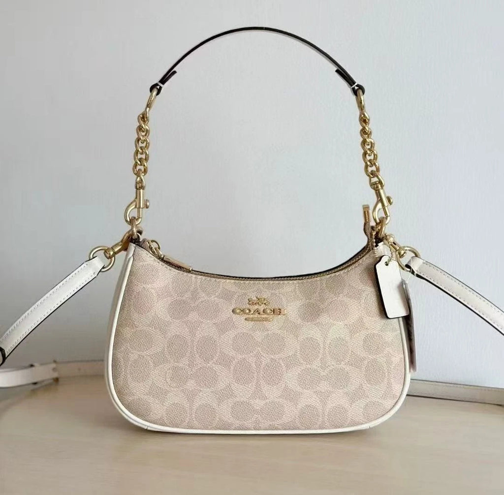 Coach NWT Teri Shoulder Bag In Signature Canvas CV933 Gold/Sand/Chalk