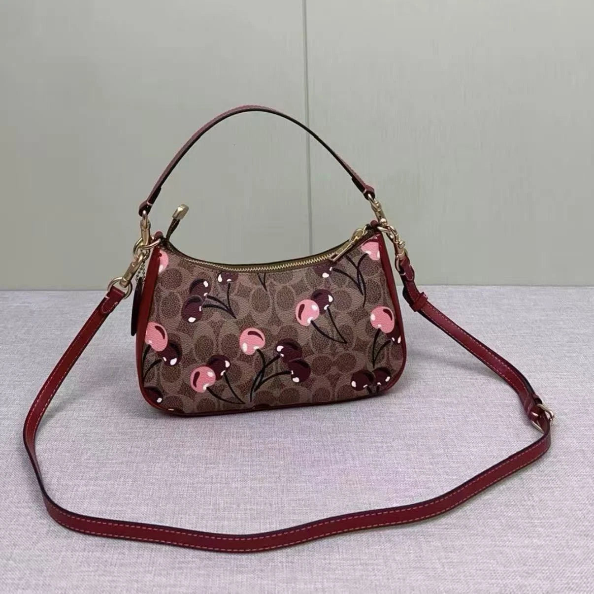 COACH CY694 Teri Shoulder Bag Signature Canvas Cherry Print Tan Brown NWT