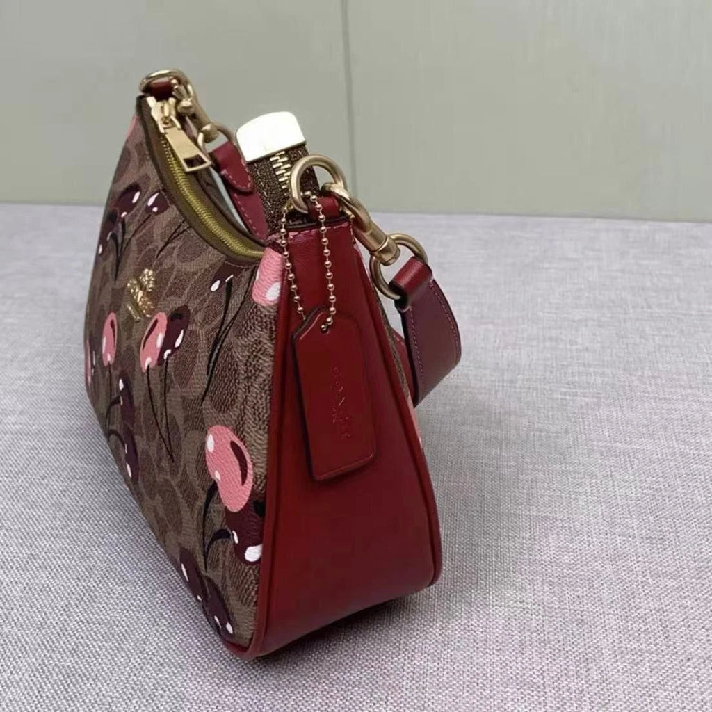 COACH CY694 Teri Shoulder Bag Signature Canvas Cherry Print Tan Brown NWT