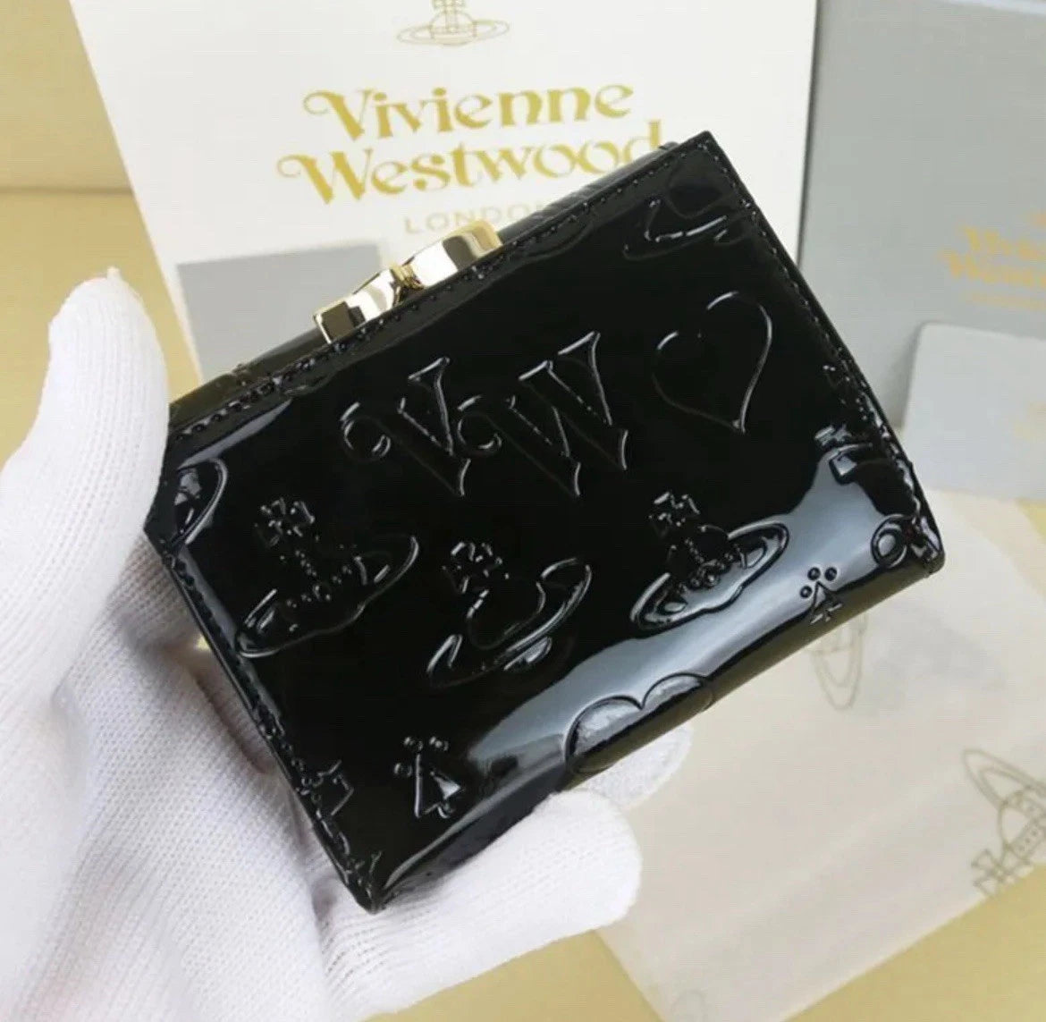 Vivienne Westwood Tri-fold Wallet Black Enamel Orb Outlet from Japan RARE