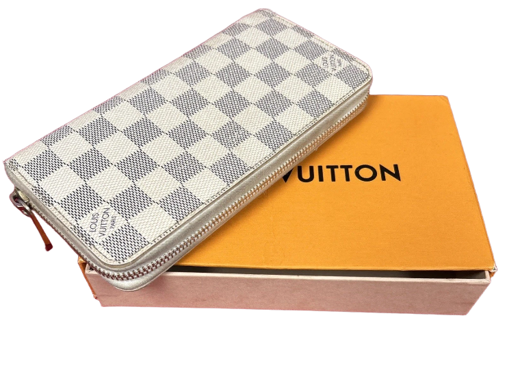 Louis Vuitton Damier Azur Check Zip-Around Wallet White Gray Zipper Logo Women