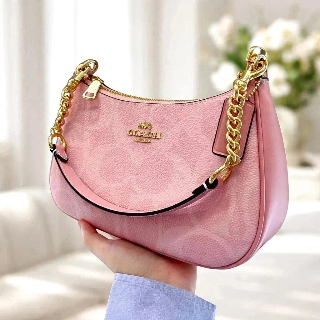 Teri Shoulder Bag – Signature Canvas, Gold & Powder Pink CAL51