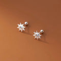 Silver Plated Sunburst Stud Earrings Blue CZ Thorn Sun Screw Back Mini Earring