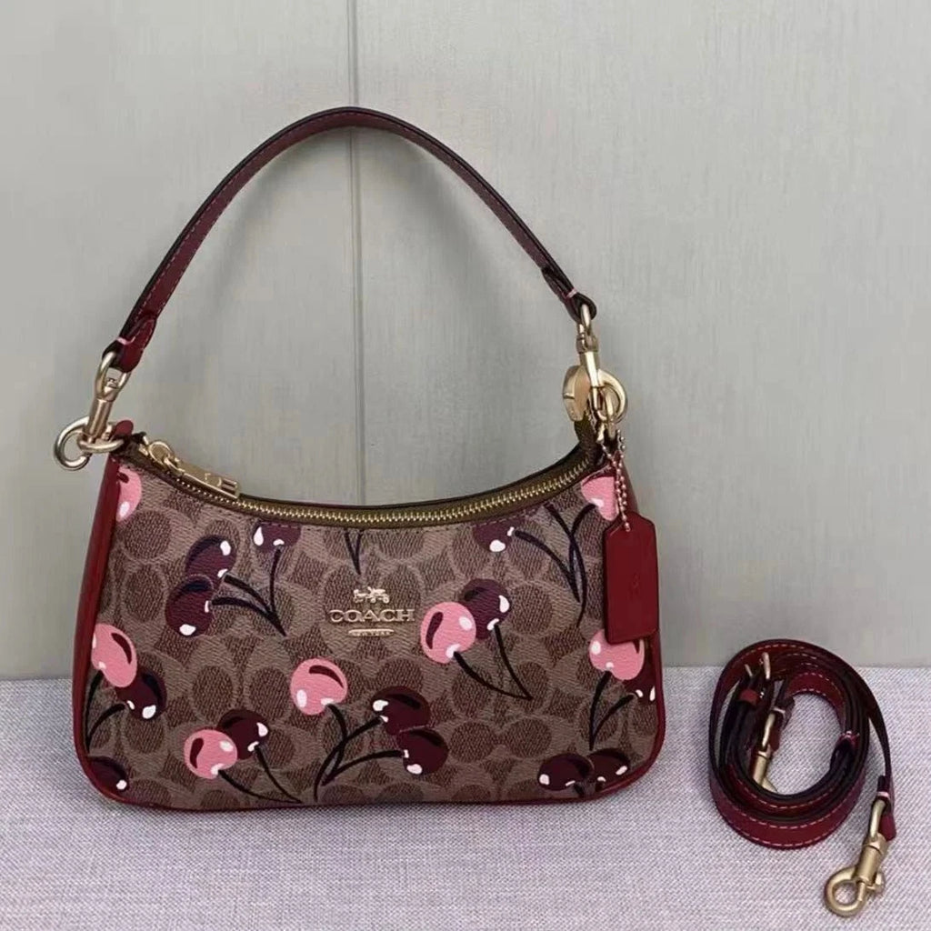 Teri Shoulder Bag CY694 – Signature Canvas Cherry Print Tan Brown