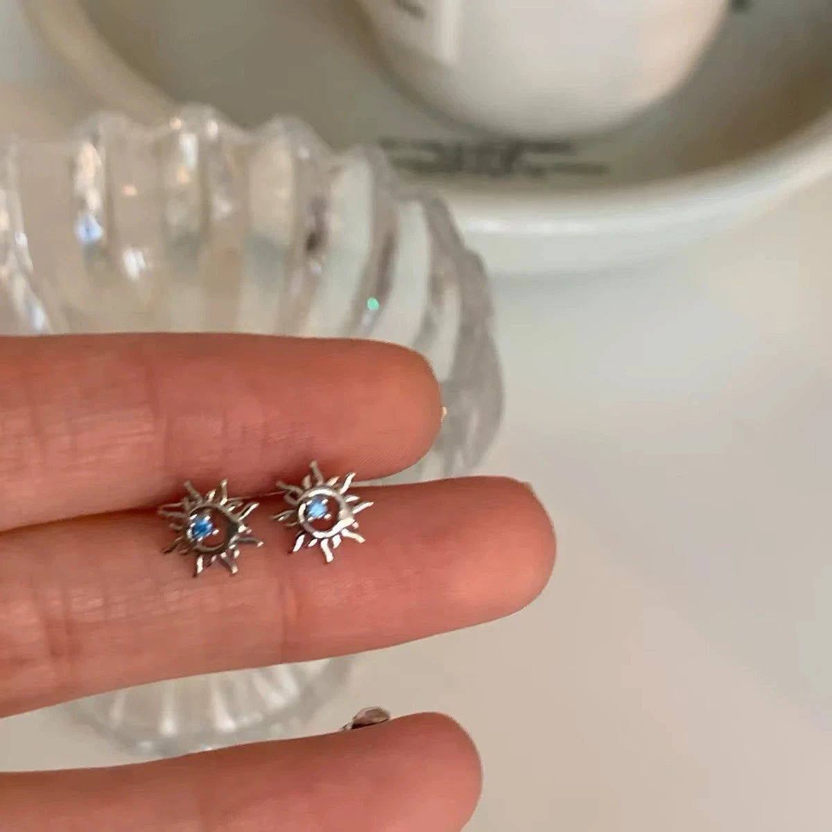 Silver Plated Sunburst Stud Earrings Blue CZ Thorn Sun Screw Back Mini Earring