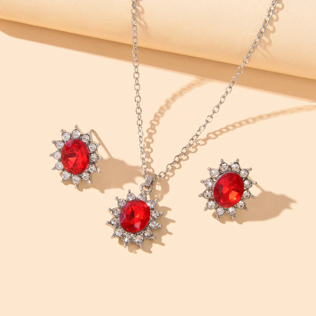 Luxurious Wedding Jewellery set Red Crystal Flower Charm Necklace Stud Earrings