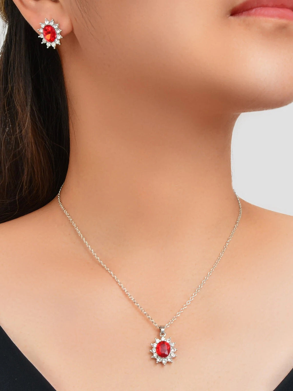 Luxurious Wedding Jewellery set Red Crystal Flower Charm Necklace Stud Earrings