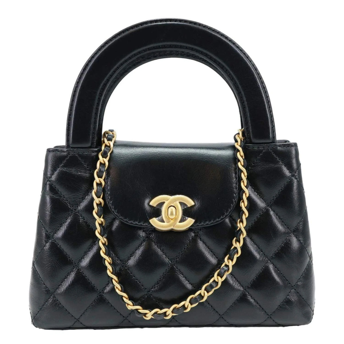 Chanel Kelly Top Handle Shopping Bag Quilted Shiny Aged Calfskin Mini