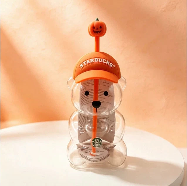 Starbucks Halloween Bearista Bear 20oz Glass Tumbler Pumpkin Topper