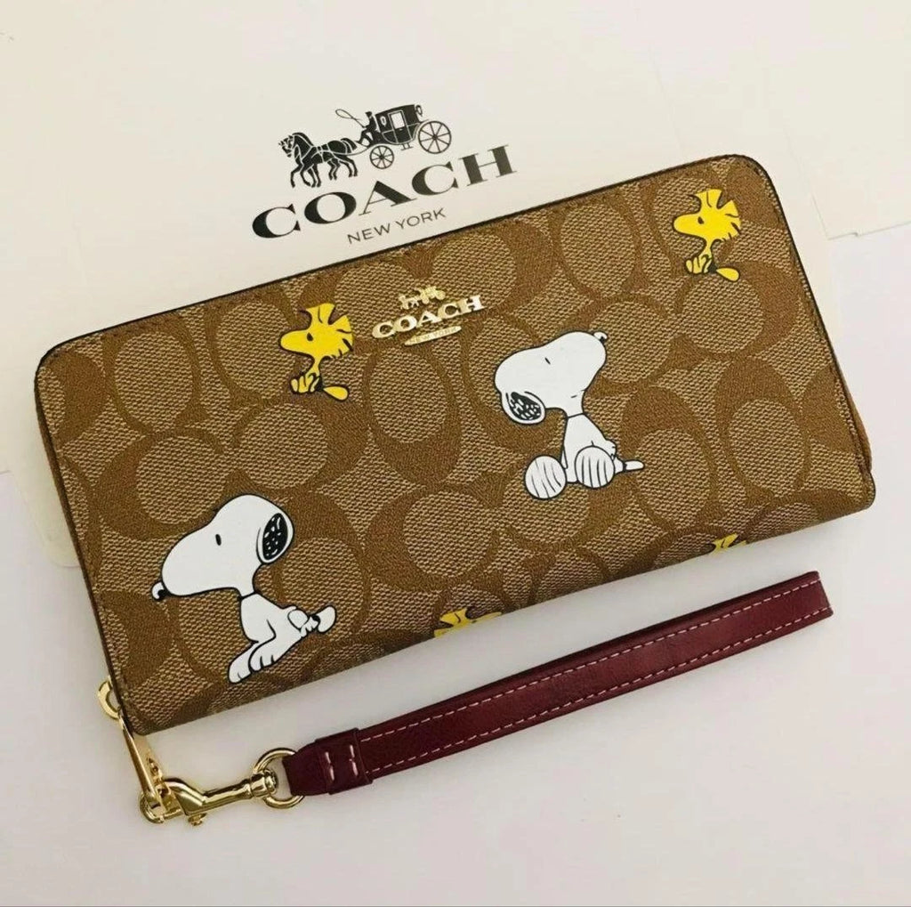 Long Zip Around Wallet – Khaki Signature Pattern, Snoopy & Woodstock Design