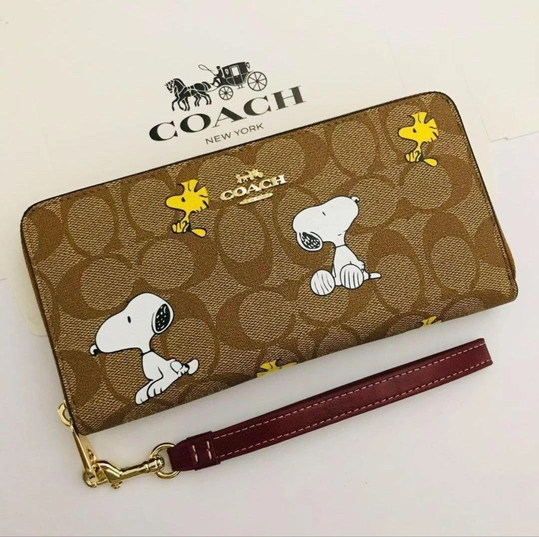 Long Zip Around Wallet – Khaki Signature Pattern, Snoopy & Woodstock Design