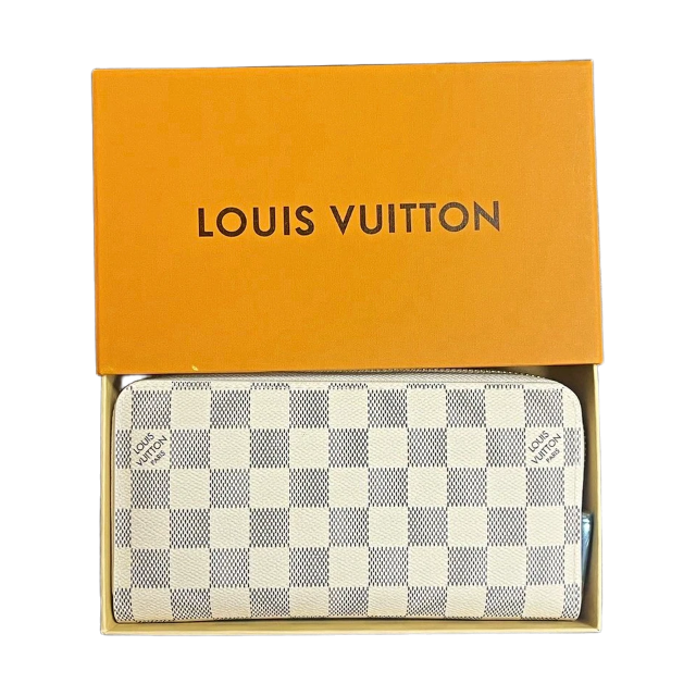 Louis Vuitton Damier Azur Check Zip-Around Wallet White Gray Zipper Logo Women